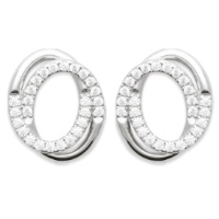 Boucles d'oreilles pendantes au motif de deux cercles entrelacés en argent 925/000 rhodié et pavés d'oxydes de zirconium blancs.