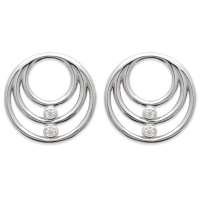 Boucles d'oreilles pendantes de trois cercles en argent 925/000 rhodié incrustées de deux oxydes de zirconium blancs sertis clos.