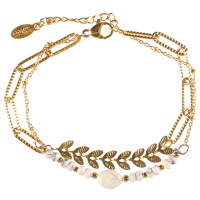 Bracelet double rangs composé d'une chaîne avec feuilles de laurier en acier doré et une chaîne en acier doré surmontée de perles en pierre de couleur. Fermoir mousqueton avec 3 cm de rallonge.