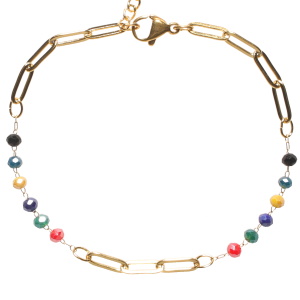 Bracelet composé d'une chaîne en acier doré avec perles multicolores. Fermoir mousqueton avec 3 cm de rallonge.