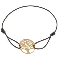 Bracelet composé d'un cordon élastique en coton de couleur noir et d'un arbre de vie en acier doré.