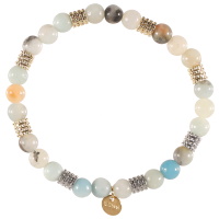 Bracelet élastique composé de perles cylindriques en acier argenté et doré et de perles multicolores.