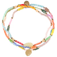 Lot de 3 bracelets élastiques composé de perles en acier doré, de perles multicolores, d'une feuille en pierre de couleur et d'un pendant en forme de feuille philodendron en acier doré.