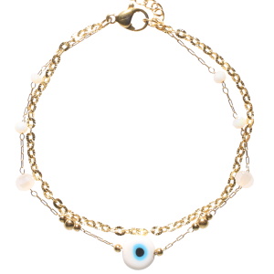 Bracelet double rangs composé d'une chaîne en acier doré et d'une chaîne avec perles en acier doré, de perles de couleur blanche et d'une pierre avec le dessin d'un œil de Turquie. Fermoir mousqueton avec 3 cm de rallonge.