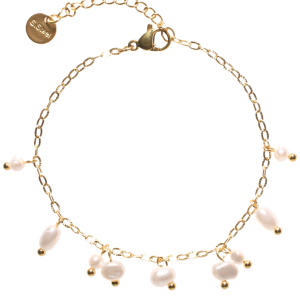 Bracelet composé d'une chaîne en acier doré et de pampilles en perles d'imitation. Fermoir mousqueton avec 3 cm de rallonge.