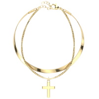 Bracelet double rangs composé d'une chaîne maille serpent et d'une chaîne maille vénitienne avec pendant en forme de croix en acier inoxydable 316L doré. Fermoir mousqueton avec 2,5 cm de rallonge.