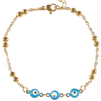 Bracelet composé d'une chaîne avec boules en acier doré et de perles œil de Turquie en émail de couleur. Fermoir mousqueton avec 3 cm de rallonge.
