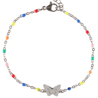 Bracelet composé d'une chaîne en acier argenté avec perles en émail multicolore et d'un papillon en acier argenté. Fermoir mousqueton avec 5 cm de rallonge.
