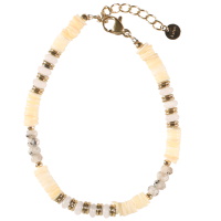Bracelet composé de perles cylindriques en acier doré et de perles de couleur blanche. Fermoir mousqueton avec 3 cm de rallonge.
