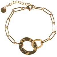 Bracelet composé d'une chaîne avec deux cercle martelés entrelacés en acier doré. Fermoir mousqueton avec 3 cm de rallonge.