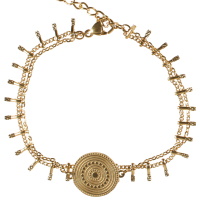 Bracelet double rangs composé d'une chaîne avec pampilles en acier doré et d'une chaîne avec une pastille ronde en acier doré. Fermoir mousqueton avec 3 cm de rallonge.