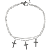 Bracelet composé d'une double chaîne avec trois pendants en forme de croix en acier argenté. Fermoir mousqueton avec 3 cm de rallonge.