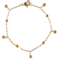 Bracelet composé d'une chaîne avec boules en acier doré et de pampilles serties de cristaux. Fermoir mousqueton avec 4 cm de rallonge.