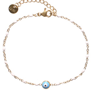 Bracelet composé d'une chaîne en acier doré, de perles en émail de couleur blanc et d'un œil de Turquie de couleur bleu. Fermoir mousqueton avec 3 cm de rallonge.