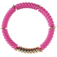 Bracelet élastique composé d'un tube tressé en acier doré et de tubes tressés en matière synthétique de couleur rose fuchsia.