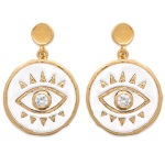 Boucles d'oreilles pendantes avec motif œil de Turquie en plaqué or, émail de couleur blanche et oxydes de zirconium.