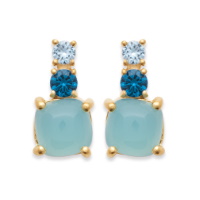 Boucles d'oreilles pendantes en plaqué or jaune 18 carats surmontées de 3 pierres de couleur dont une agate bleue.