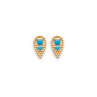 Boucles d'oreilles puces en forme de goutte en plaqué or jaune 18 carats serties de deux pierres d'imitation turquoise.