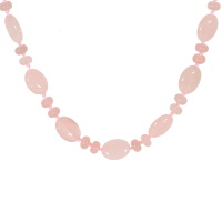 Collier composé d'un cordon de couleur rose et de perles cylindriques et ovales en pierre de couleur rose.