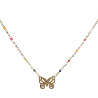 Collier composé d'une chaîne en acier doré et des perles en émail multicolore. Fermoir mousqueton avec 5 cm de rallonge.