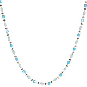 Collier composé d'une chaîne en acier doré et de perles nacrées de couleur turquoise. Fermoir mousqueton avec 5 cm de rallonge.
