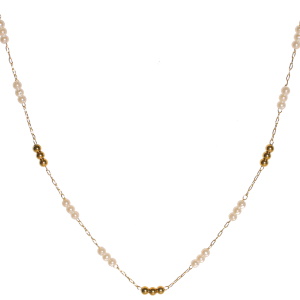 Collier composé d'une chaîne avec perles en acier doré et de perles de nacre d'imitation. Fermoir mousqueton avec 4 cm de rallonge.