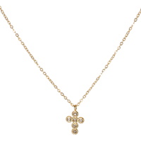 Collier composé d'une chaîne en acier doré et d'un pendentif en forme de croix pavé de strass. Fermoir mousqueton avec 7 cm de rallonge.
