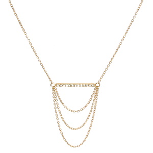 Collier composé d'une chaîne en acier doré et d'une barre pavée de strass avec trois chaînes pendantes. Fermoir mousqueton avec 5 cm de rallonge.