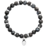 Bracelet boules élastique avec perles en pierre labradorite et pendant motif gueule de requin en acier argenté.