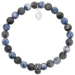 Bracelet élastique avec tête de mort en acier argenté et perles en pierre de sodalite.