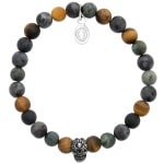 Bracelet élastique avec tête de mort en acier argenté et perles en pierre naturelle.