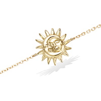 Bracelet composé d'une chaîne et d'un soleil avec visage en plaqué or jaune 18 carats. Fermoir mousqueton avec anneaux de rappel à 16 et 18 cm.