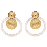 Boucles d'oreilles pendantes composées de deux pastilles rondes avec dessins de rayons en acier doré surmontée d'un cristal, ainsi qu'un cercle en matière synthétique de couleur blanche.