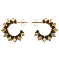 Boucles d'oreilles créoles ouvertes en forme de fleur en acier doré et pavées en partie d'émail de couleur noire.