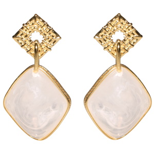 Boucles d'oreilles pendantes composées d'un losange en acier doré et d'un cristal de couleur blanc serti dans un losange.