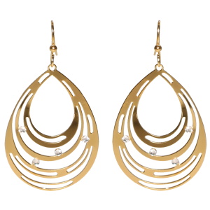 Boucles d'oreilles pendantes de forme ovale composées de plusieurs cercles en acier doré surmontées de strass.