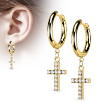Boucles d'oreilles créoles en acier doré avec pendant croix pavée d'oxydes de zirconium blancs.