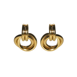 Boucles d'oreilles pendantes composées de deux cercles entrelacés en acier doré.