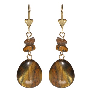 Boucles d'oreilles dormeuses pendantes en acier doré avec pierres de couleur marron et une perle ovale en pierre de couleur marron.