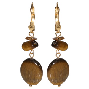 Boucles d'oreilles dormeuses pendantes en acier doré avec pierres de couleur marron et une perle ovale en pierre de couleur marron.