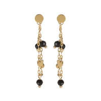 Boucles d'oreilles pendantes composées d'une puce ronde lisse, d'une chaînette et de pastilles rondes lisses en acier doré et de perles en véritable pierre d'agate.