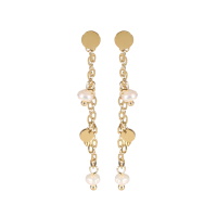 Boucles d'oreilles pendantes composées d'une puce ronde lisse, d'une chaînette et de pastilles rondes lisses en acier doré et de perles de nacre.