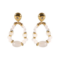 Boucles d'oreilles pendantes composées d'une puce en acier doré sertie d'un cristal et d'un cercle difforme surmonté de perles de couleur blanche.