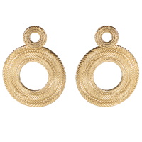 Boucles d'oreilles pendantes composées de deux cercles avec motifs en acier doré.
