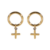 Boucles d'oreilles pendantes en acier doré composées d'un cercle et d'un pendant en forme de croix avec un strass serti clos.
