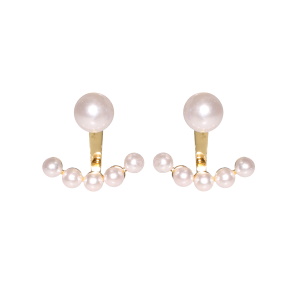 Boucles d'oreilles pendantes en acier doré surmontées de perles d'imitation.