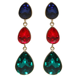 Boucles d'oreilles pendantes en acier doré serties de trois cristaux multicolores en forme de goutte.