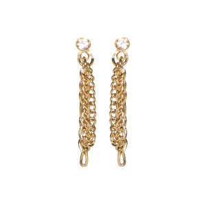 Boucles d'oreilles pendantes composées d'une puce ronde serti d'un cristal et de deux chaînes en acier doré.
