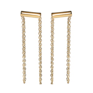 Boucles d'oreilles pendantes composées d'une barre et de deux chaînes en acier doré.
