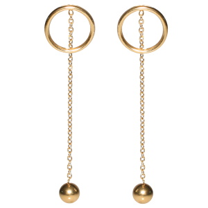 Boucles d'oreilles pendantes composées d'un cercle et d'une chaîne avec une boule en acier doré.